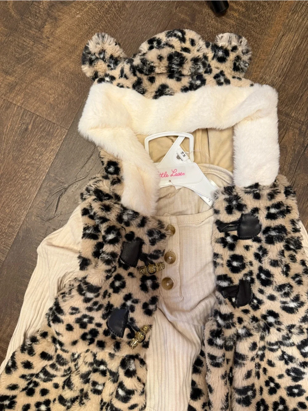 Little Lass Cream & Black Leopard Faux Fur Vest Outfit